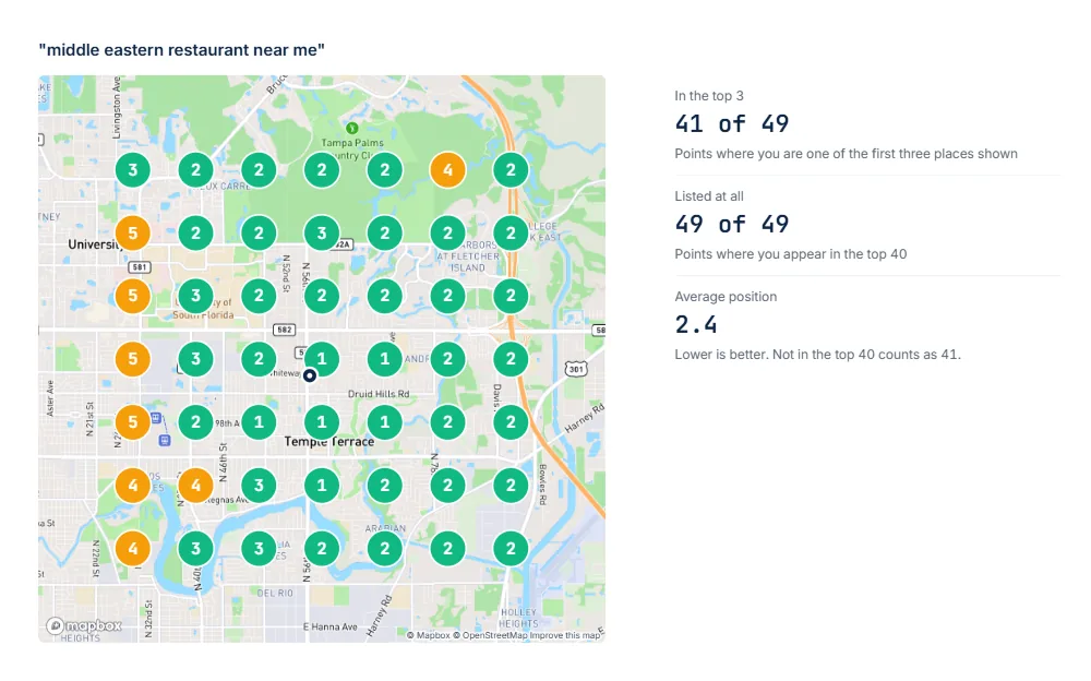 Google Maps ranking map for "middle eastern restaurant near me" around a Temple Terrace restaurant, in the top 3 at 41 of 49 points