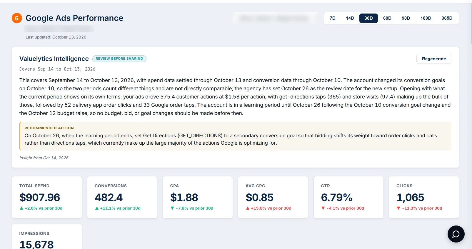 Insights Portal Google Ads screen with spend, conversions and a written summary